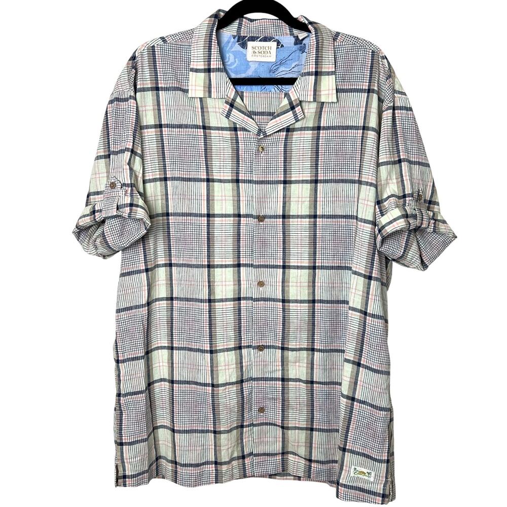 Scotch & Soda Plaid Short Sleeve Button Front Camp Shirt Blue Tan Pink Size XL